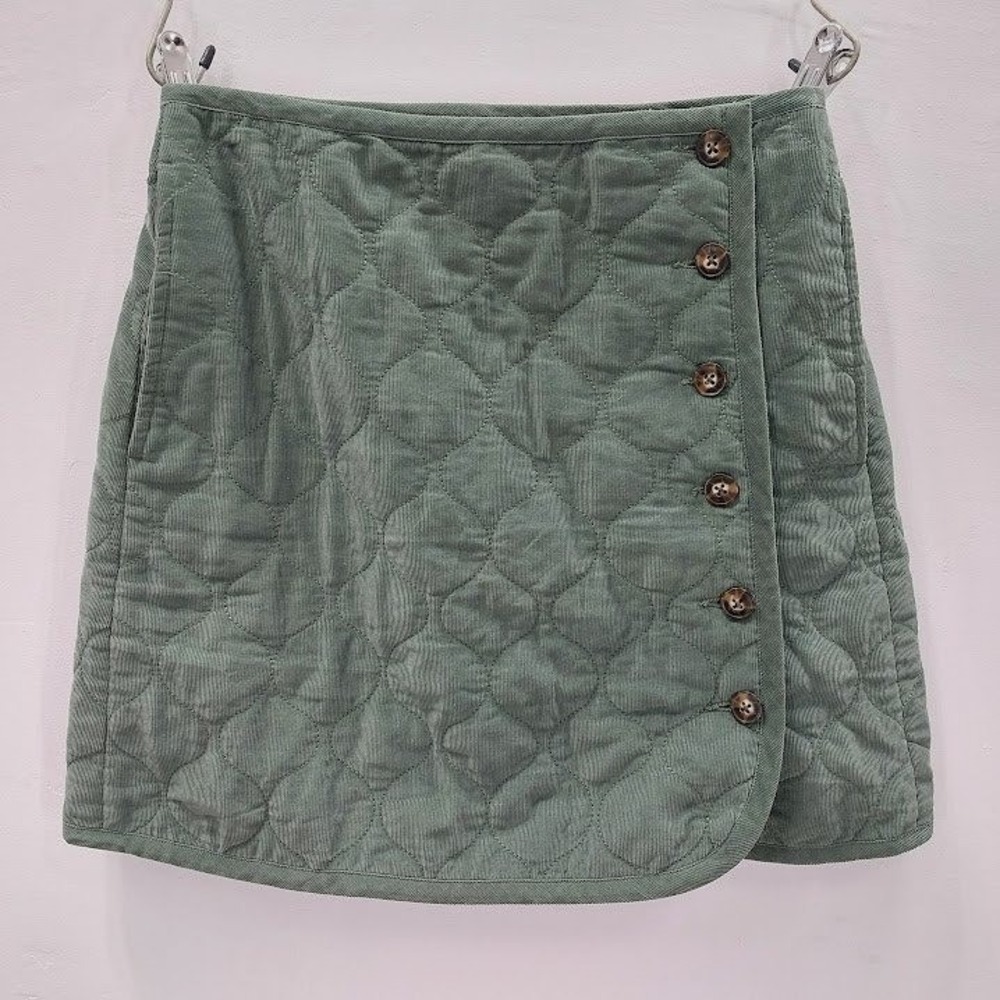 Madewell Quilted Corduroy Mini Skirt Women's Size 2 Green Wrap Button Front Cute